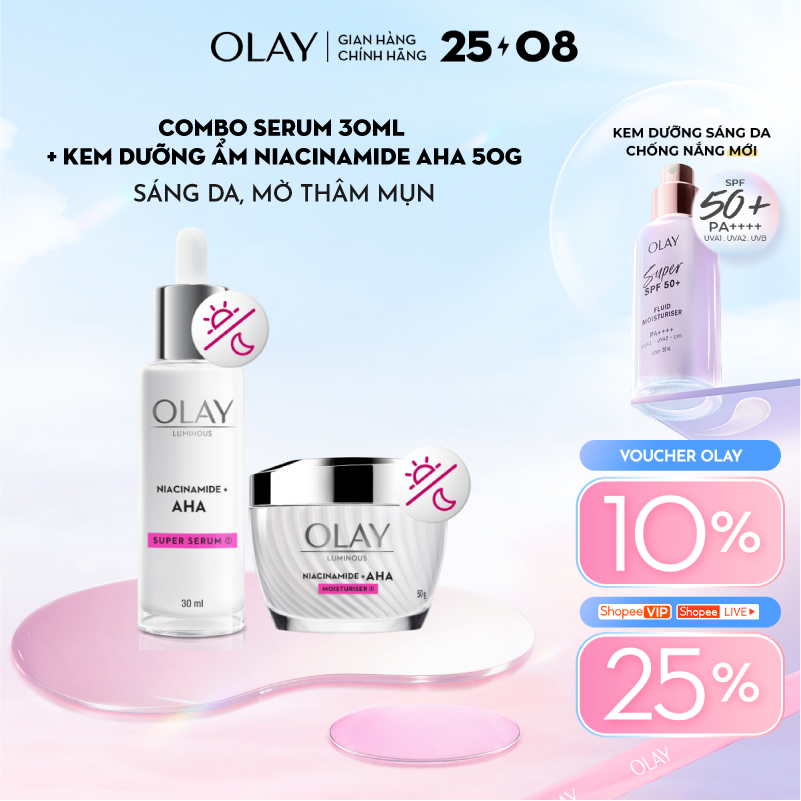 Combo 2: Kem Dưỡng Ẩm + Super Serum OLAY LUMINOUS NIACINAMIDE AHA Sáng Da, Mờ Thâm Mụn (50G + 30ML)