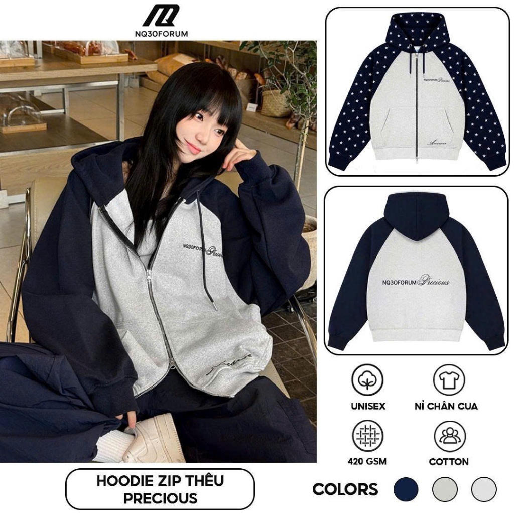 Áo Khoác Hoodie Zip Nỉ Chân Cua Thêu Nổi NQ30 PRECIOUS  Form Rộng Nam Nữ Unisex (Không xù lông)