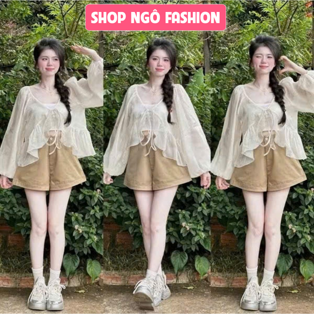 Set bộ 3 món - Set 3 món áo tơ kim tuyến cột dây cổ v lai bèo cách điệu tay dài bo phồng kèm áo tăm lạnh+quần short kaki