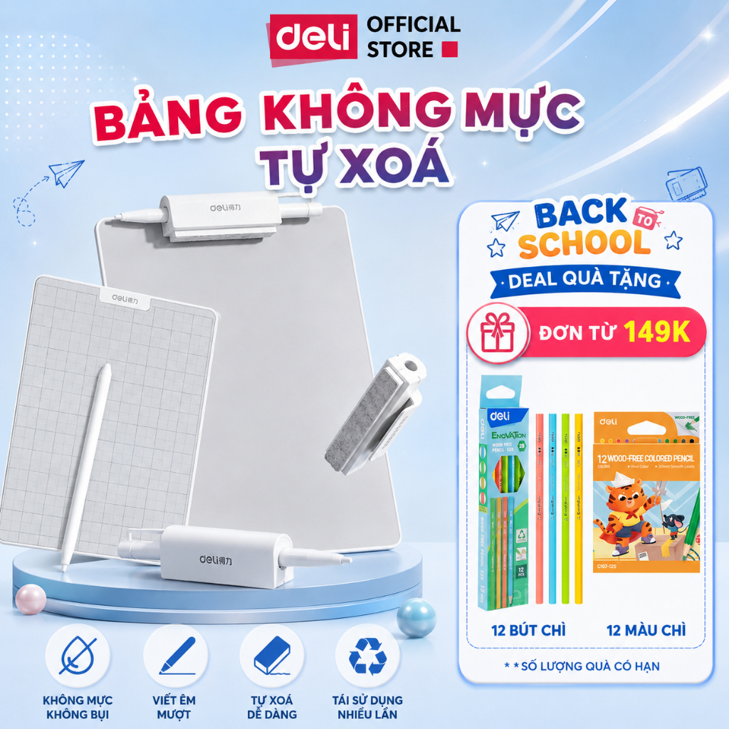 [🔥199K - TẶNG 12 MÀU SÁP]  Bảng Vẽ Từ Tính Tự Xoá Không Mực Deli - Bảng từ trơn, ô ly bề mặt nhám viết paperlike kèm bút