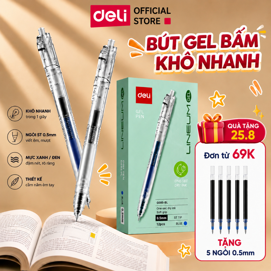 [🔥9.9 TẶNG 6 HIGHLIGHT] Combo 5/10/20 Bút Gel Bấm Deli EG08S 0.5mm - Bút Bi Nước Nhanh Khô Mực Êm Trơn Ngòi 2 Màu Mự