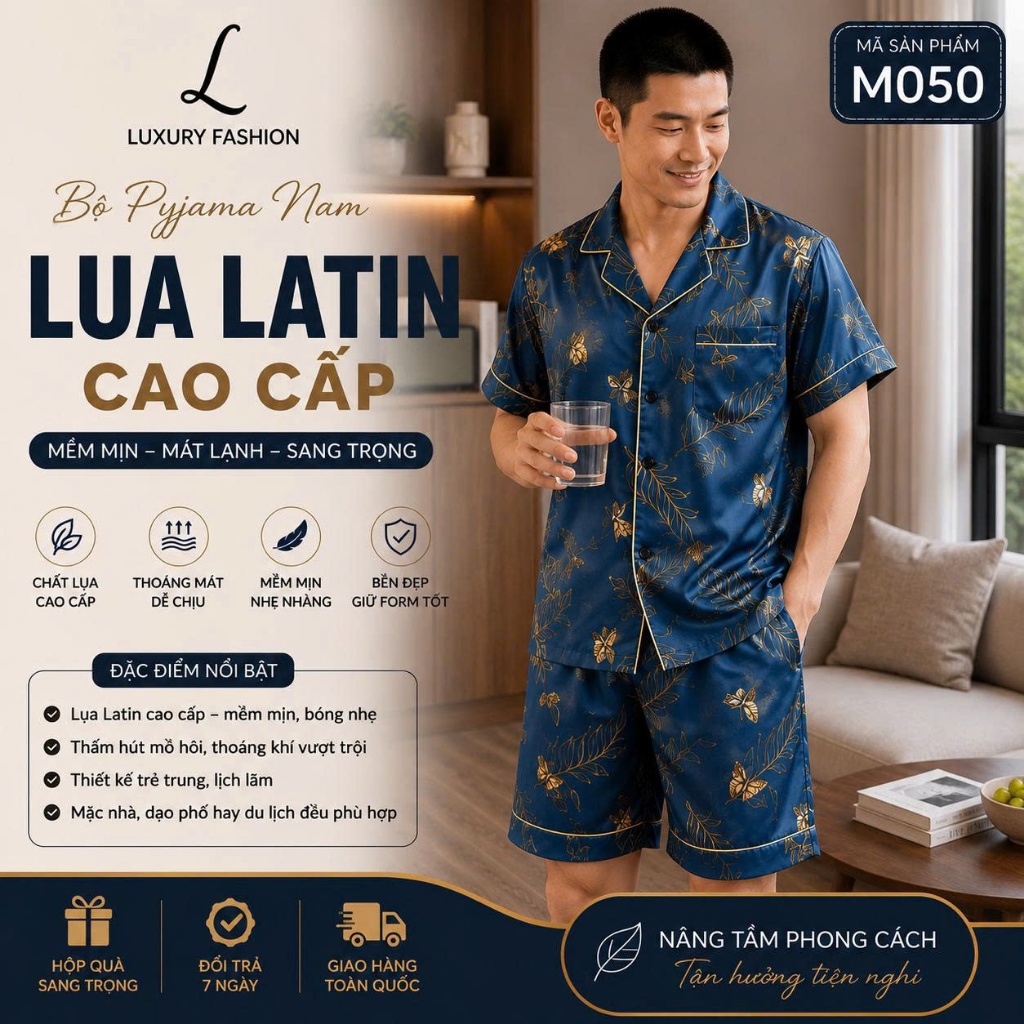 Bộ Pijama Nam LUXURY FASHION lụa latin cao cấp tay ngắn mềm mát mặc nhà mặc ngủ thoải mái - Xanh lam bướm M050