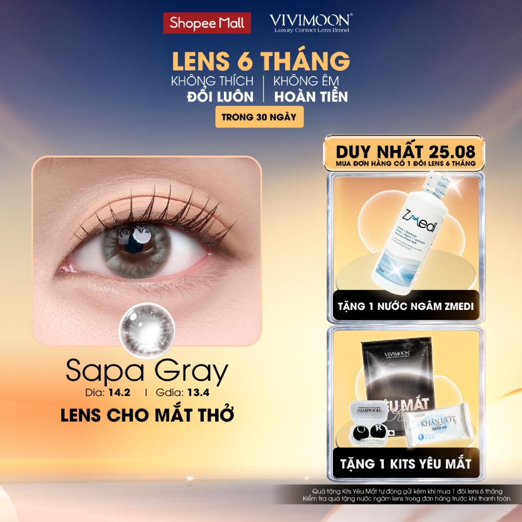 Lens cận xám đậm giãn nhẹ cho mắt thở Sapa Gray Vivimoon 6 tháng | BigBuy360 - bigbuy360.vn