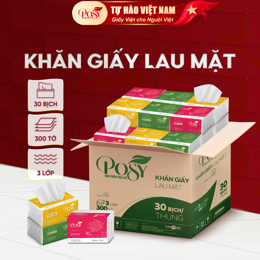 POSY_30 GÓI Giấy ăn rút cao cấp POSY LOTUS, Thùng 30 gói 300 tờ 3 lớp, mềm mịn tiện dụng