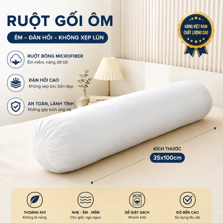 Ruột gối ôm TAKARA ép hơi dài 100x35cm 100% gòn đàn hồi cao cấp - gối ôm người lớn gối ôm hơi