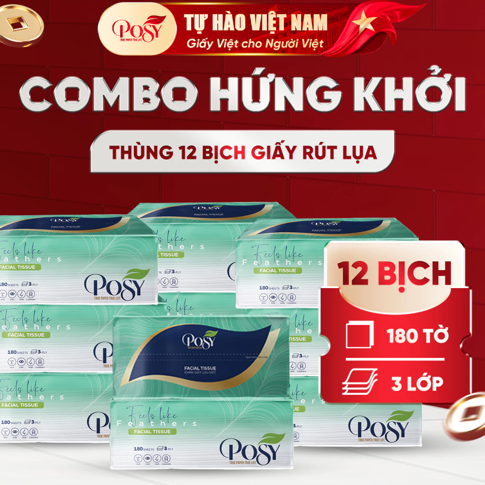 COMBO 12 GÓI Khăn giấy rút cao cấp POSY 180 tờ 3 lớp, mềm mịn tiện dụng, khổ lớn, tiết kiệm