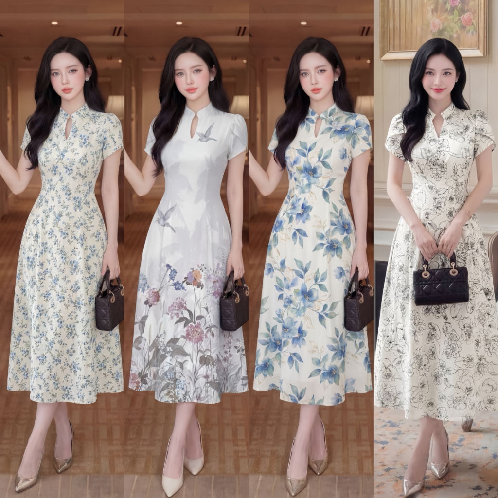 Váy Thiết Kế ADELA DESIGN Mango Ý Dáng Xòe Cổ V Họa Tiết Trắng Thanh Lịch BST MDU6064