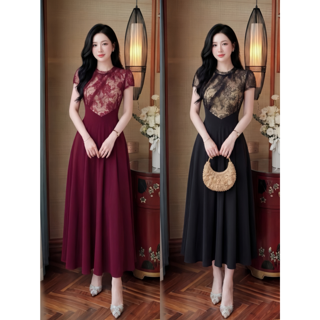 Váy Thiết Kế ADELA DESIGN Chất Gold Nhật Phối Ren Hoa Nổi Dáng Xòe BST MDU6437