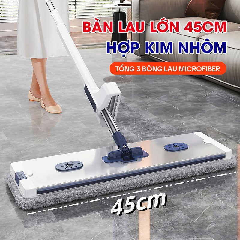 Cây Lau Nhà Tự Vắt KITIMOP KTM-45, Chổi Lau Nhà Tự Vắt Thông Minh Xoay 360 Độ, 3 Bông Lau
