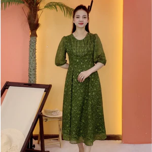 Đầm xòe trung niên cho mẹ - Cổ tròn nhúng tay lỡ - Xanh rêu hoa - TTV2110