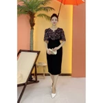 Đầm body trung niên cho mẹ - Cổ tròn tay loe tầng - Đen hoa - TTV2113 — ảnh 3