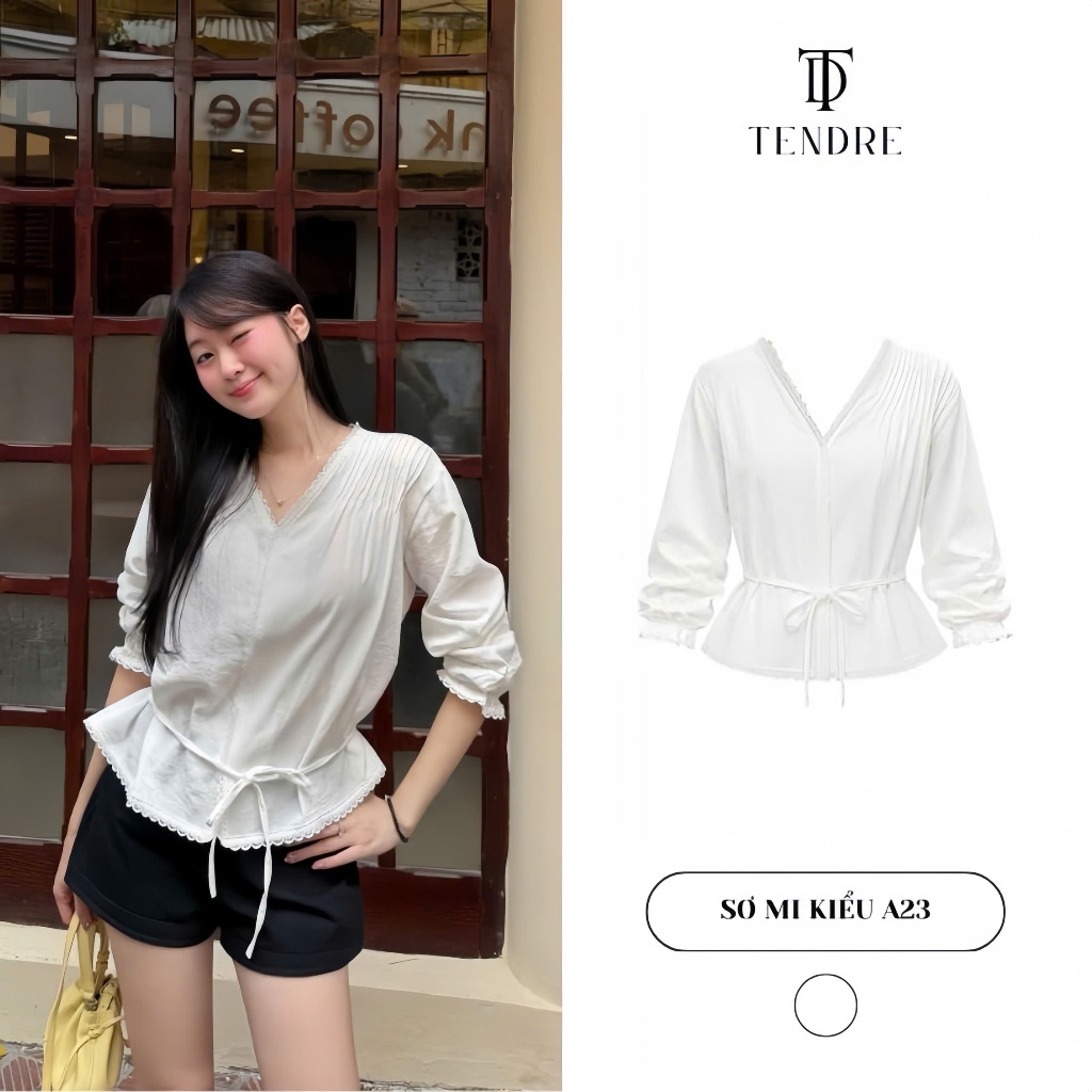 TENDRE - Áo Sơ Mi Nữ Cổ V Viền Ren Bo Eo Dây Rút Tôn Dáng, Áo Tay Dài Chất Đũi Mềm Mại Cài Cúc Dễ Phối Đồ A23