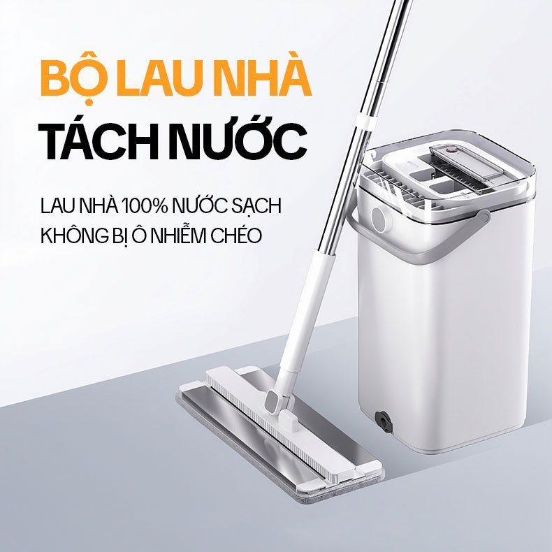 Bộ lau nhà tách nước bẩn KITIMOP SUPER CLEAN SC06 thùng tự giặt vắt, bàn nhôm 36cm, kèm 3 bông lau