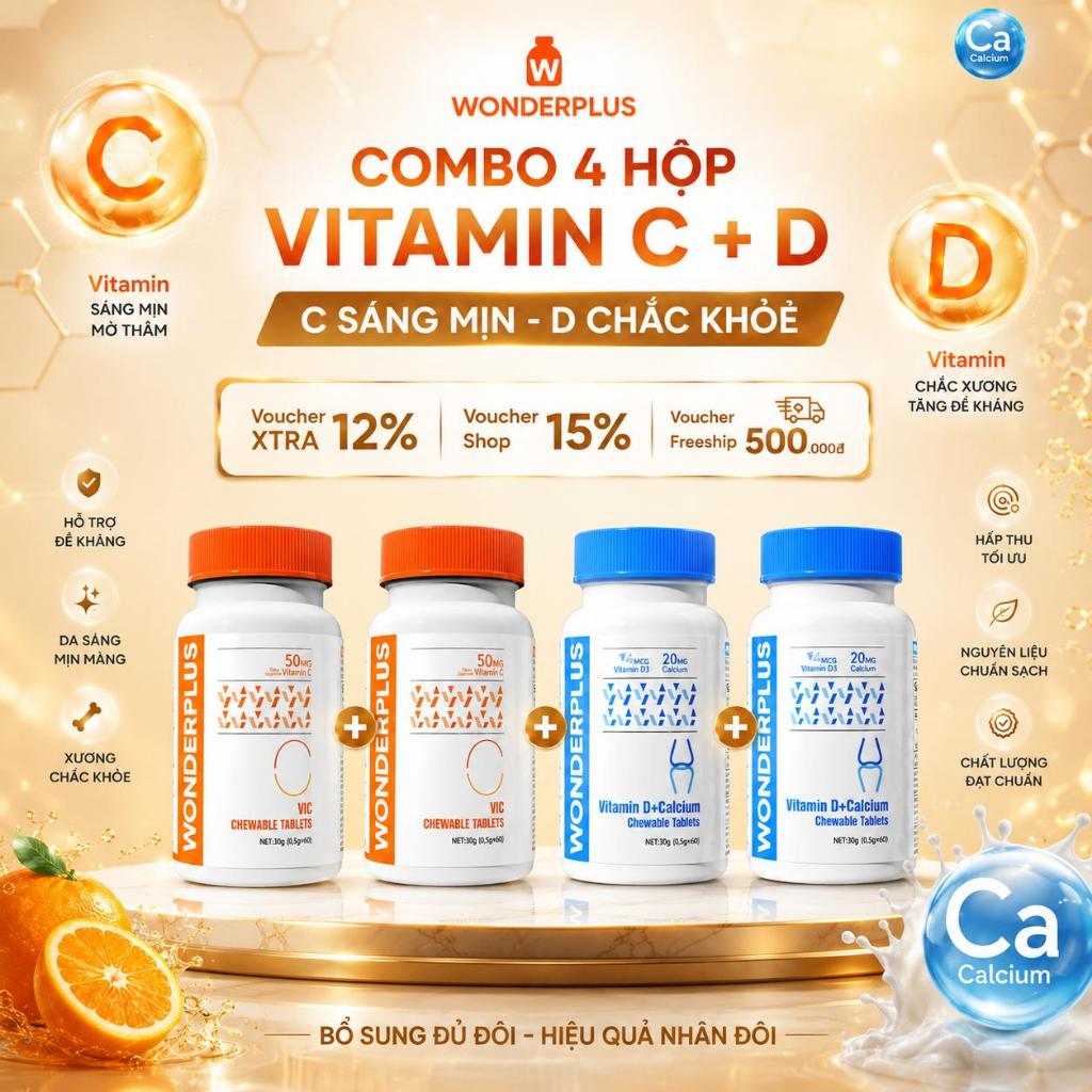 [Combo 4 Hộp] Viên Nhai Bổ Sung Vitamin C + Vitamin D Wonderplus Giúp Làn Da Rạng Rỡ Giúp Xương Chắc Khoẻ Hộp 60 Viên