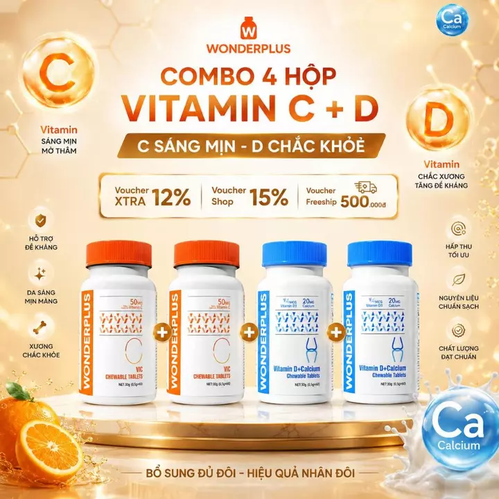 [Combo 4 Hộp] Viên Nhai Bổ Sung Vitamin C + Vitamin D Wonderplus Giúp Làn Da Rạng Rỡ Giúp Xương Chắc Khoẻ Hộp 60 Viên