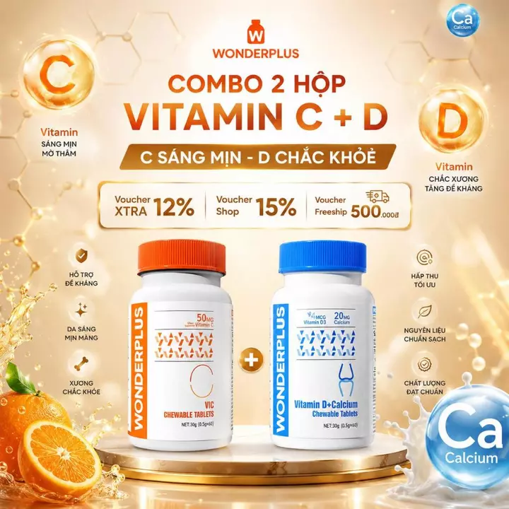 Combo Viên Nhai Bổ Sung Vitamin C 60 Viên + Vitamin D Wonderplus Giúp Làn Da Rạng Rỡ Giúp Xương Chắc Khoẻ Hộp 60 Viên