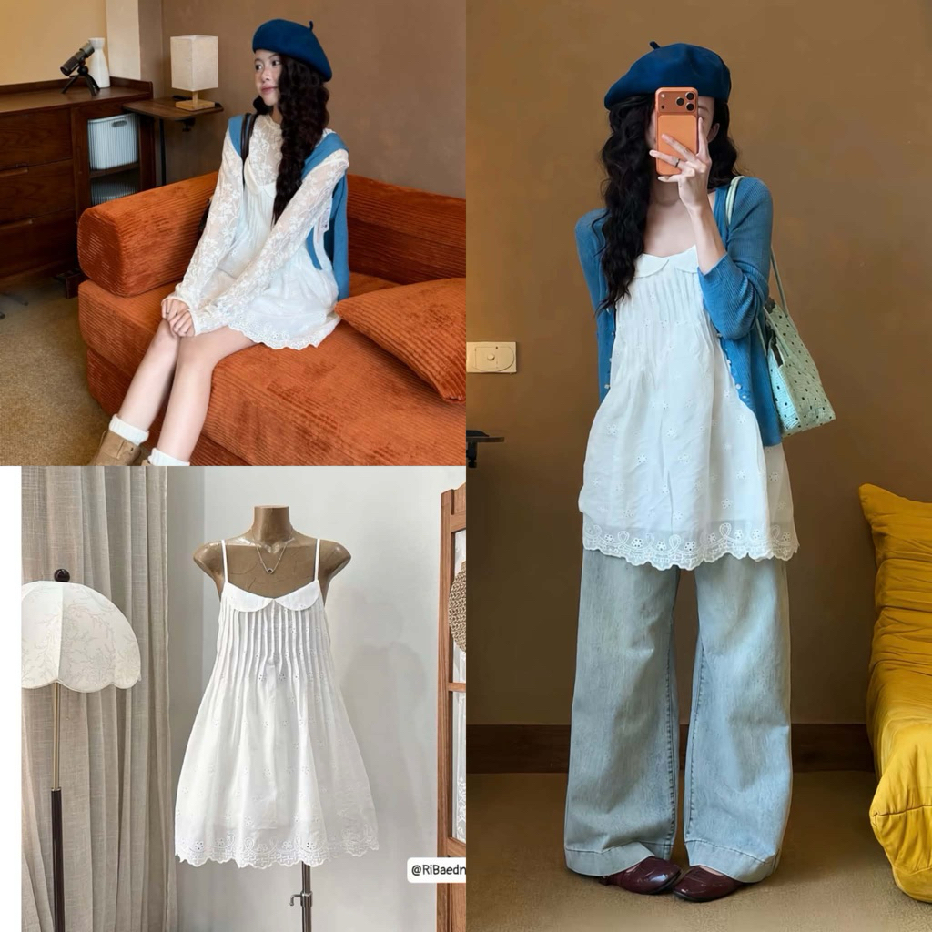 [NEW]Váy 2 Dây Ren Thô Boi Thêu Hoa Dập Li Ngực Cổ Peter Pan-White Bloom siêu xinh-Dành Cho Nữ | BigBuy360 - bigbuy360.vn