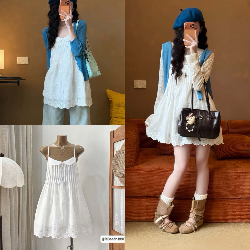 [NEW]Váy 2 Dây Ren Thô Boi Thêu Hoa Dập Li Ngực Cổ Peter Pan-White Bloom siêu xinh-Dành Cho Nữ | BigBuy360 - bigbuy360.vn