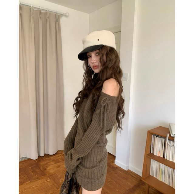 Đầm dệt kim màu nâu bất đối xứng thắt dây kiểu Hàn Quốc thu đông, gợi cảm, thích hợp mặc hàng ngày cho nữ | BigBuy360 - bigbuy360.vn
