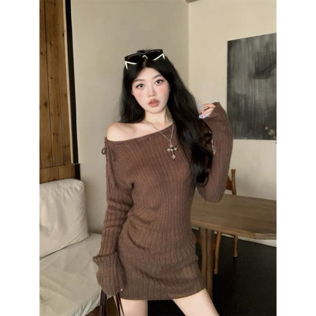 Đầm dệt kim màu nâu bất đối xứng thắt dây kiểu Hàn Quốc thu đông, gợi cảm, thích hợp mặc hàng ngày cho nữ | BigBuy360 - bigbuy360.vn