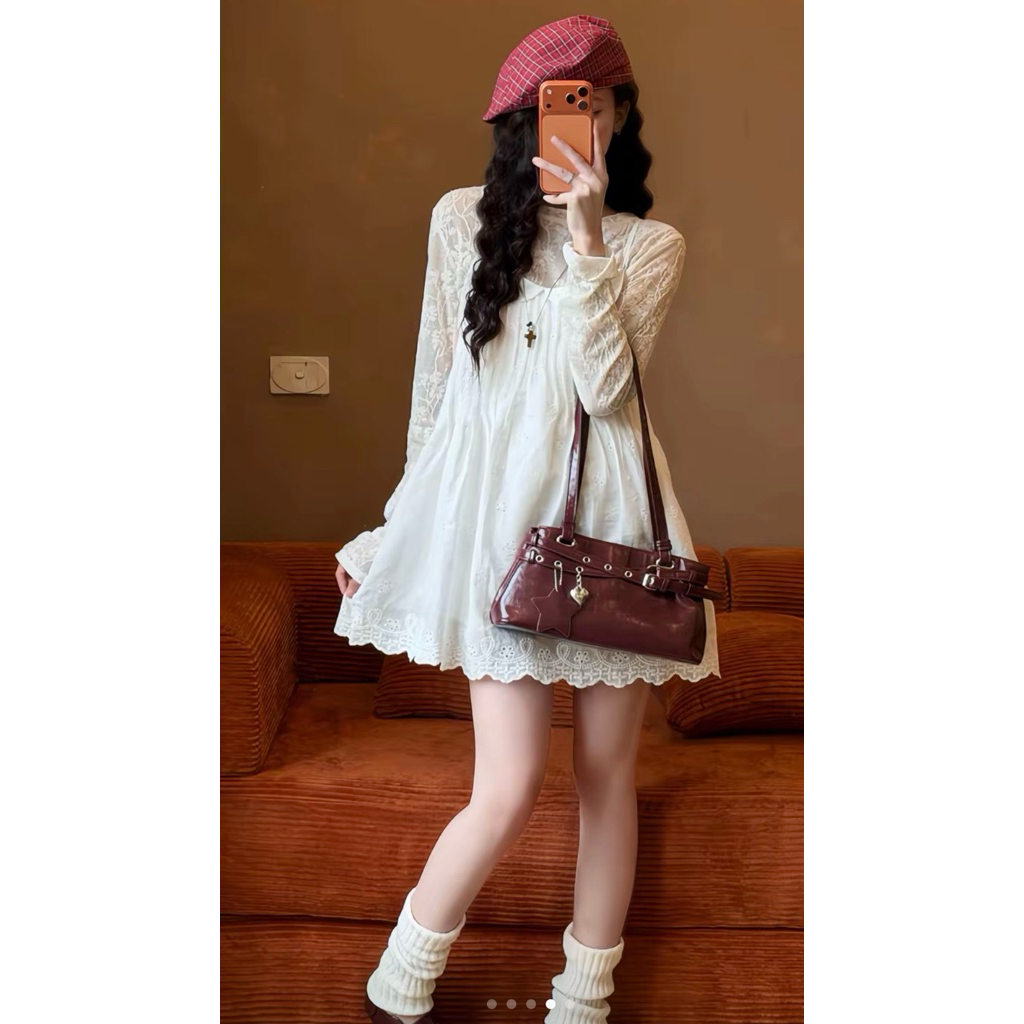[NEW]Váy 2 Dây Ren Thô Boi Thêu Hoa Dập Li Ngực Cổ Peter Pan-White Bloom siêu xinh-Dành Cho Nữ | BigBuy360 - bigbuy360.vn
