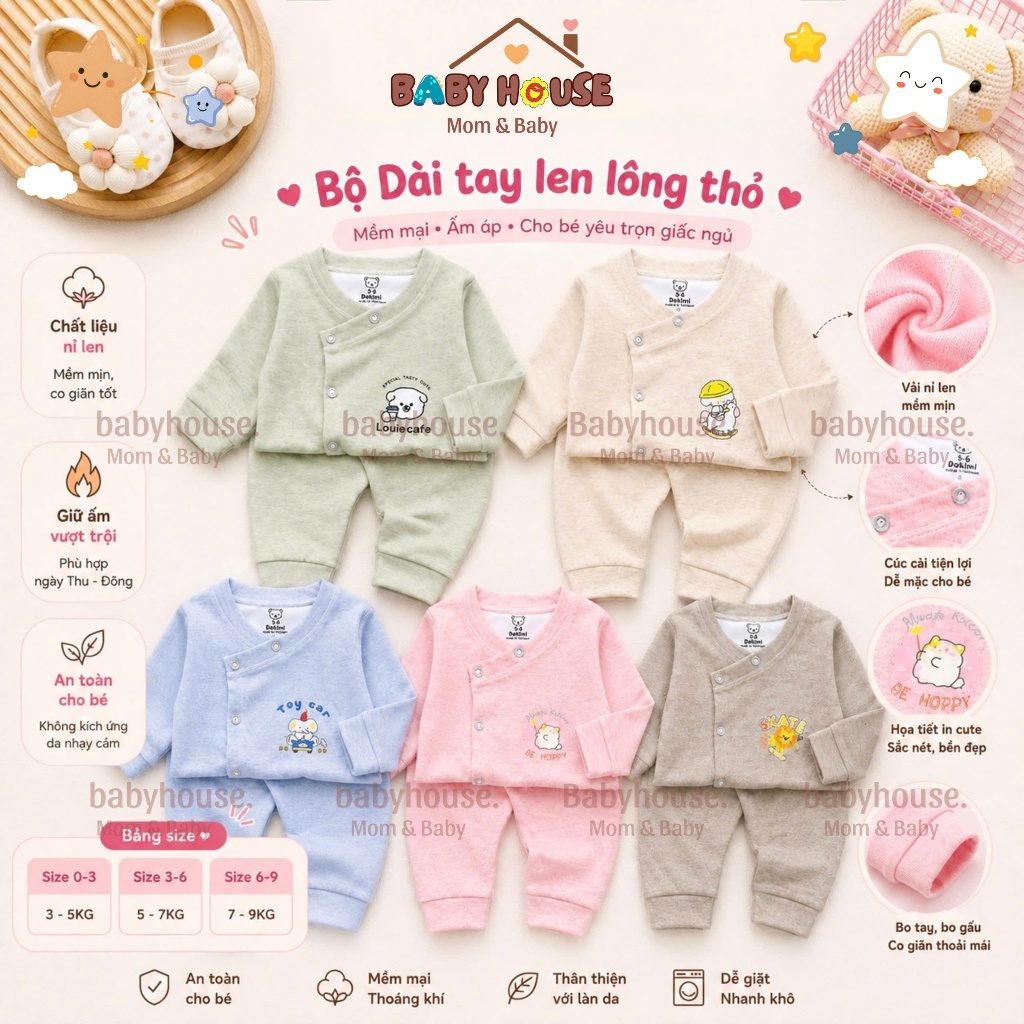Set 2/5 Bộ Dài Sơ Sinh Thu Đông Len Lông Thỏ - Giữ Ấm Cho Bé (Size 0-9 tháng)
