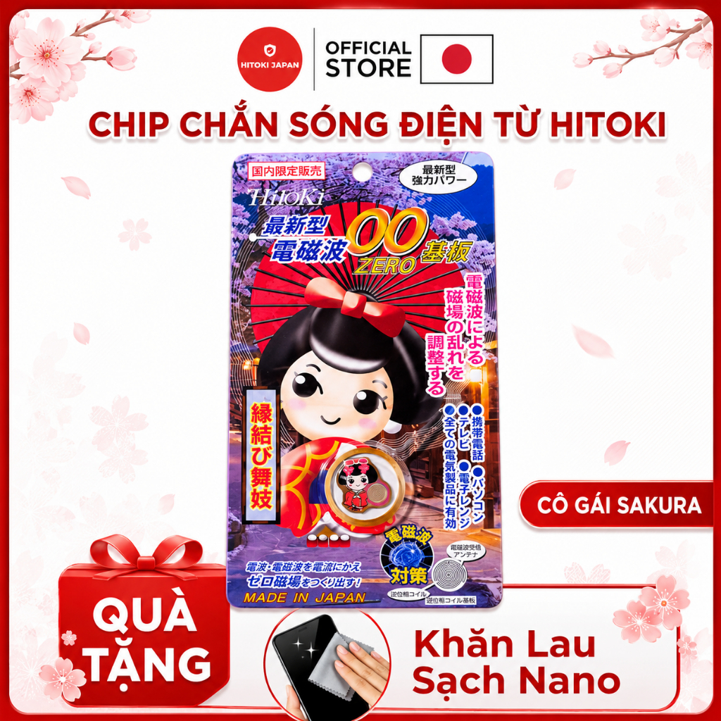 [Nội Địa Nhật] Chip Ngăn Bức Xạ Điện Từ Hitoki Cho Điện Thoại, Smartphone- Cô Gái Sakura - Tặng Kèm Khăn Lau Kháng Khuẩn