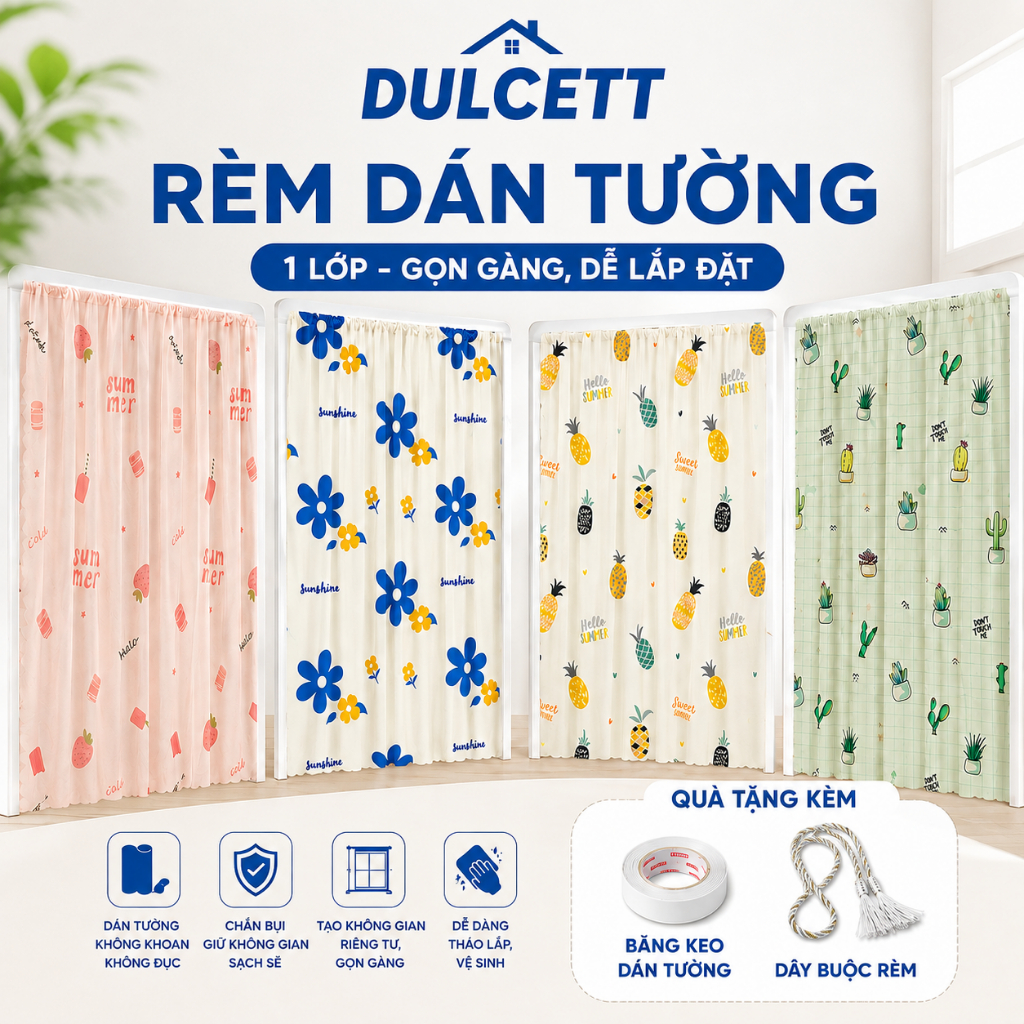 Rèm Họa Tiết 1 Lớp Dán Tường Không Cần Khoan Đục, Tặng Sẵn Keo Dán
