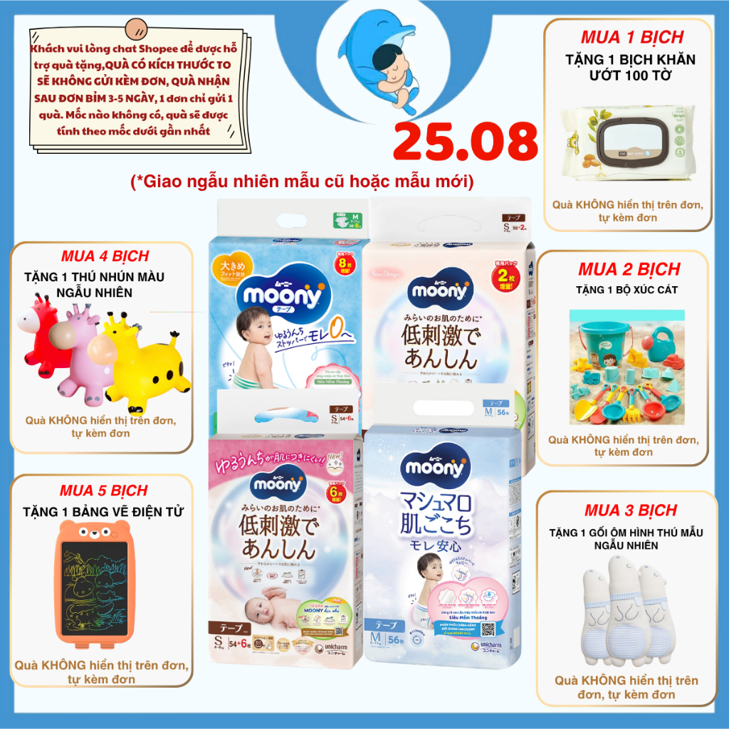 Tã/Bỉm Moony dịu nhẹ quần, dán đủ sizeNB60/S54/M46/L38/L36/XL32 cho bé 0-22kg MECAHEO