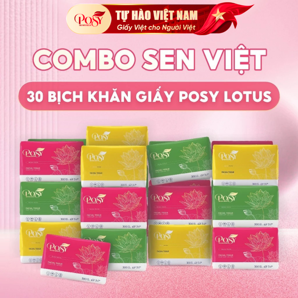 THÙNG 30 GÓI GIẤY ĂN RÚT CAO CẤP POSY - COMBO SEN VIỆT 30 GÓI 300 TỜ 3 LỚP DÀY DẶN, MỀM MỊN