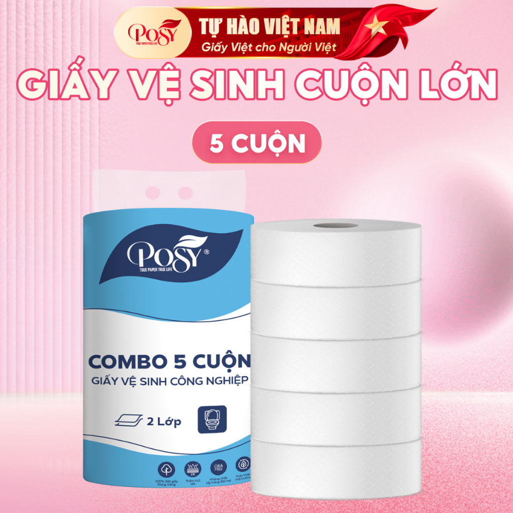 [OUTLET S4] COMBO 5 CUỘN GIẤY VỆ SINH CÔNG NGHIỆP POSY 700G 1 CUỘN 2 LỚP MỀM MỊN, THẤM HÚT, DỄ TAN TRONG NƯỚC