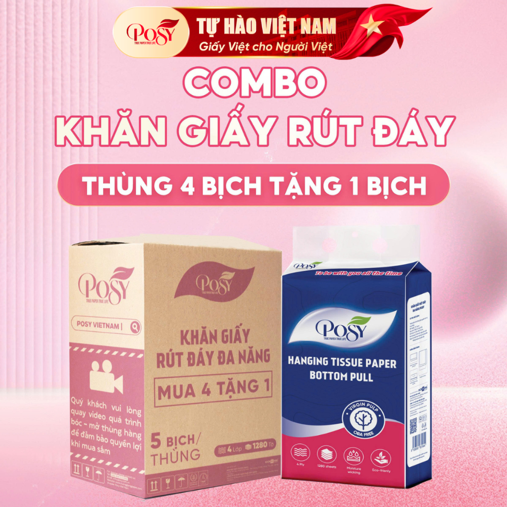 [DEAL CHỚP NHOÁNG]_COMBO THÙNG 5 BỊCH GIẤY RÚT ĐÁY POSY ĐA NĂNG 1280 TỜ 4 LỚP MỀM MỊN TIẾT KIỆM