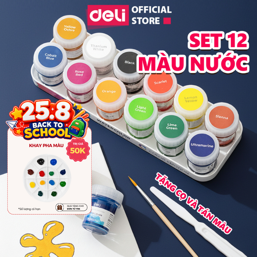 [TẶNG C+TN] Set Màu Nước Dạng Hũ 15ml Chính Hãng Deli, Màu Nước ẹp, Tô Màu Vẽ Tranh Custom Màu Tươi Sáng ẹp Mắt
