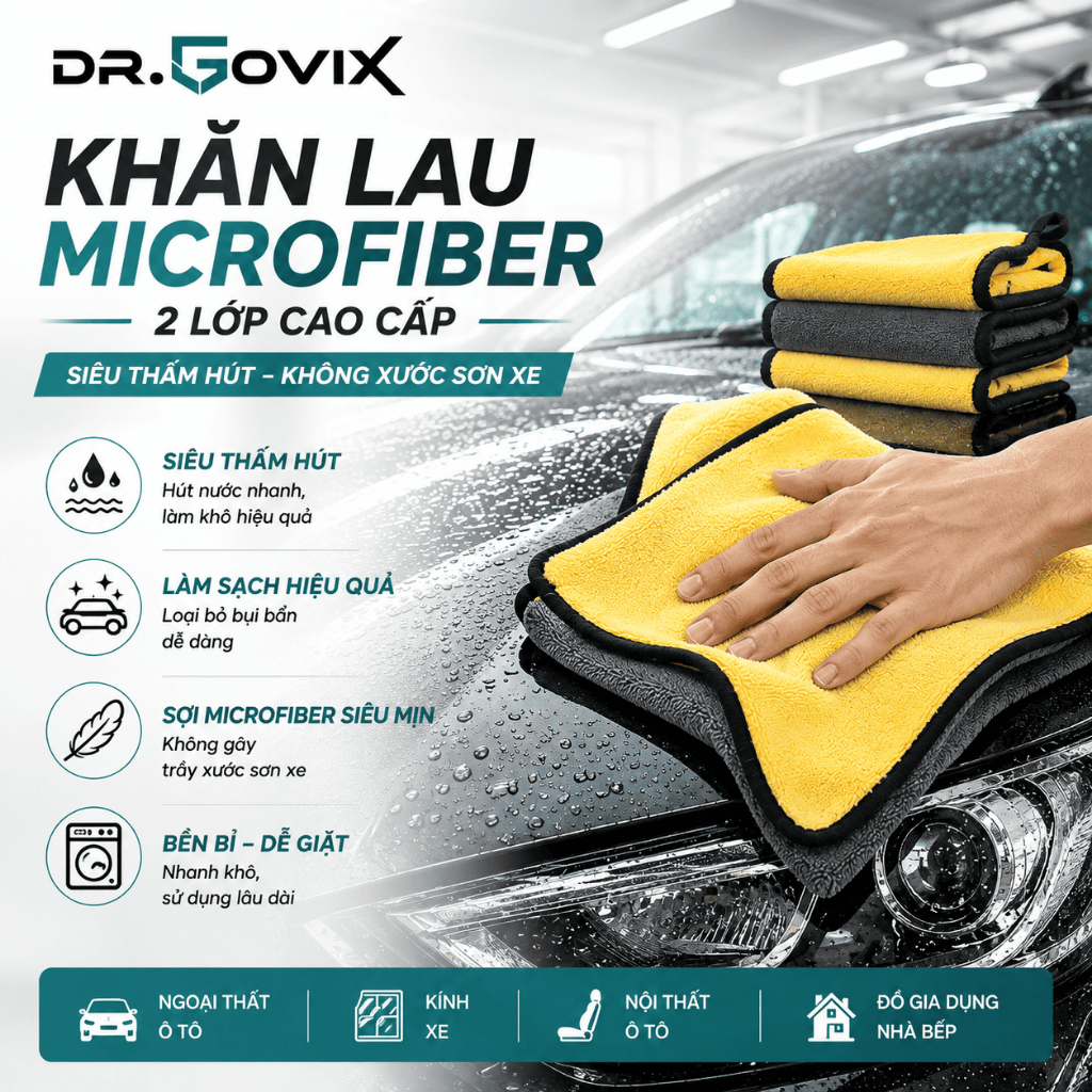 Khăn Microfiber Lau Xe Ô Tô 2 Lớp Cao Cấp, Siêu Thấm Hút