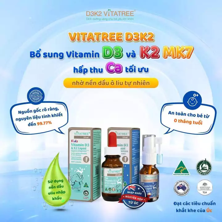 Vitamin D3 & K2 Vitatree Kids – Vitamin D3 + K2 MK7 Cho Trẻ Sơ Sinh & Trẻ Nhỏ, Hấp Thu Canxi ( Lidquid 20ml /Xịt 10ml)