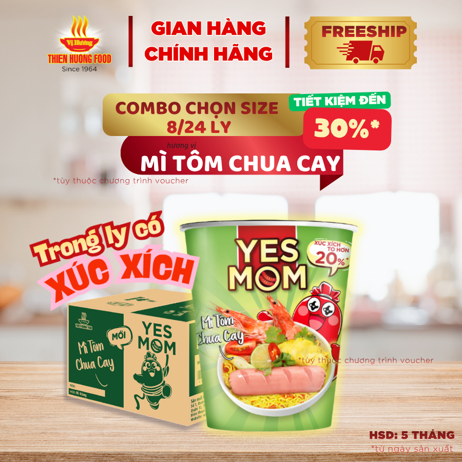 CÓ XÚC XÍCH TRONG LY – Thùng 24 ly mì Yes Mom Tôm Chua Cay 79.2g/ ly [TMNLY0021]