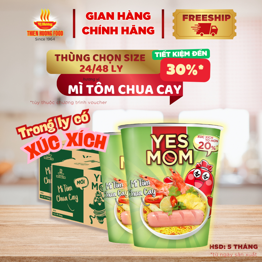 [TIẾT KIỆM] CÓ XÚC XÍCH TRONG LY -Mì ly Tôm Chua Cay Yes Mom - 24 ly/ 48 ly 79.2gram/ly