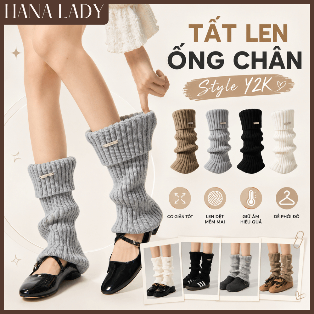 Tất Len Ống Chân Thu Đông Y2K HANALADY, Vớ Ống Chân Giữ Ấm Chất Len Mềm Mại Phong Cách Trẻ Trung TV067