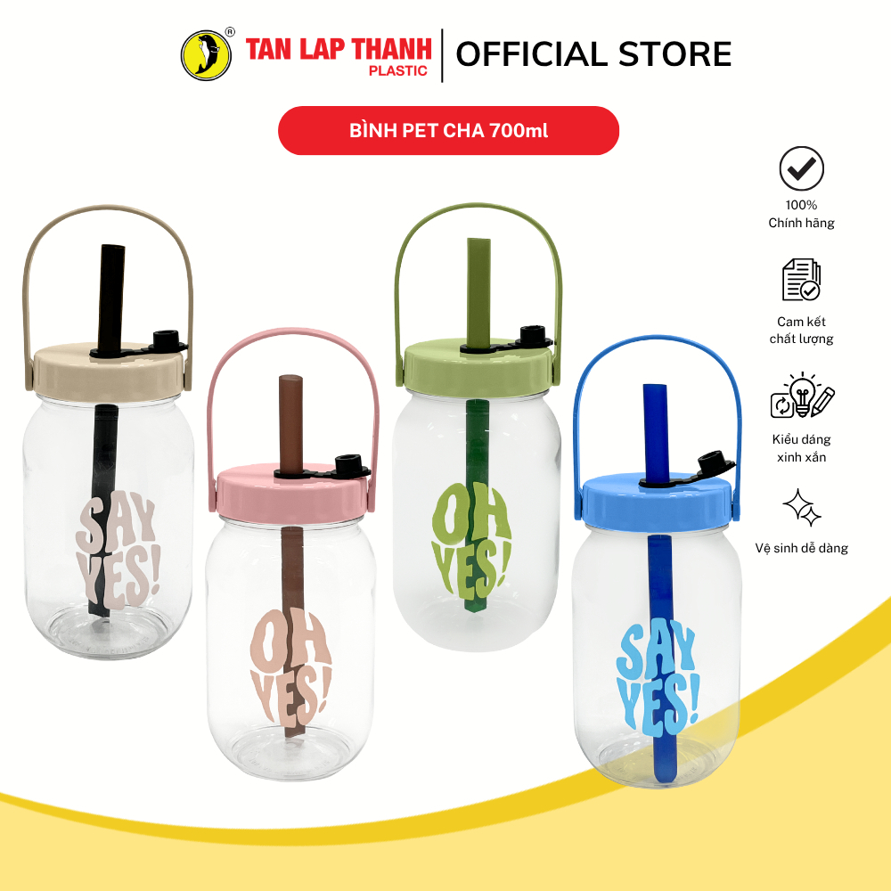 Bình nước nhựa PET CHA kèm ống hút 700ml nhựa Tân Lập Thành, bình nước nhựa kiểu dáng xinh xắn