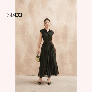 Đầm chiffon đen sát nách cổ đức SIXDO (Black Chiffon Flared Dress)