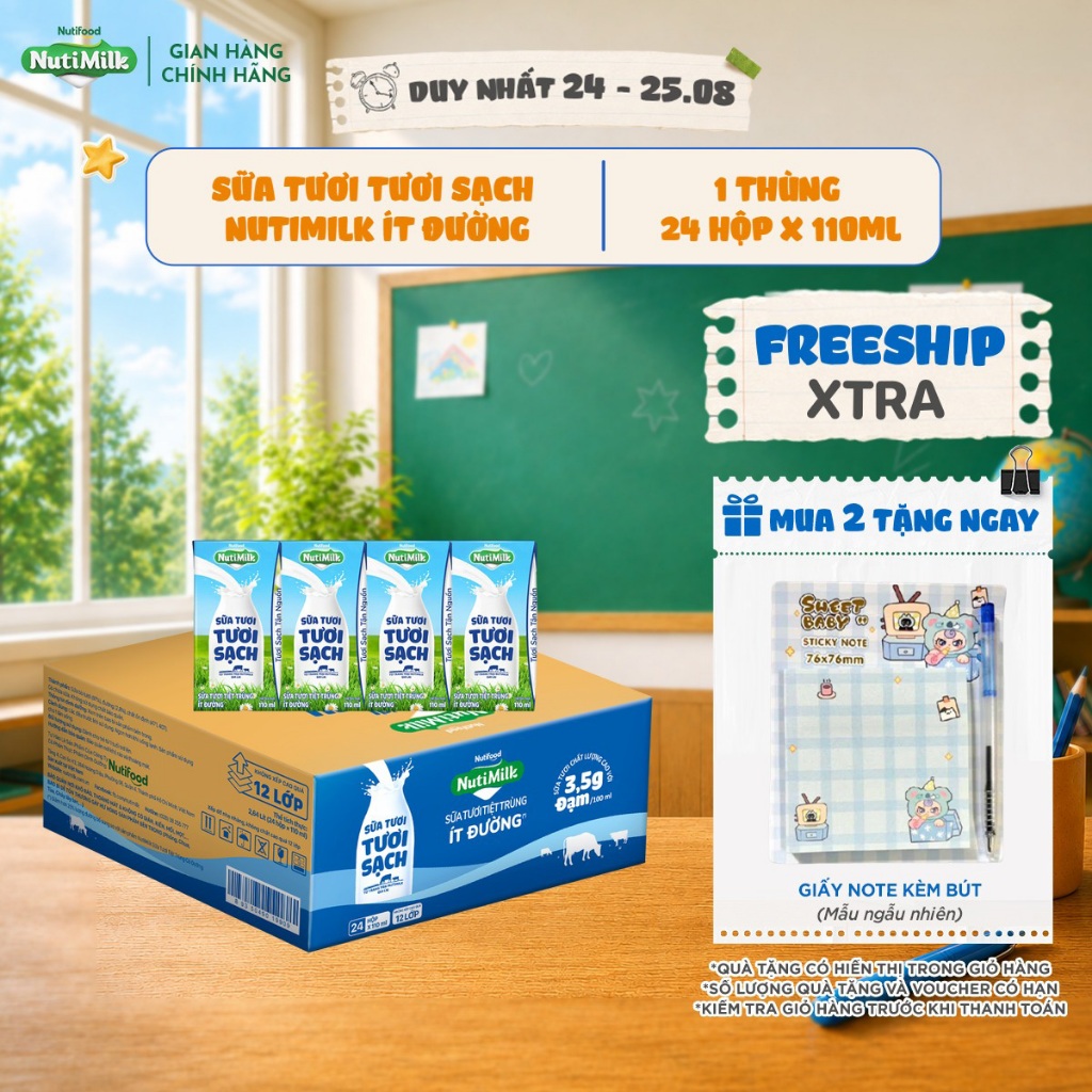 Thùng 24 Hộp Sữa Tươi Tươi Sạch NutiMilk Ít Đường Hộp 110ml