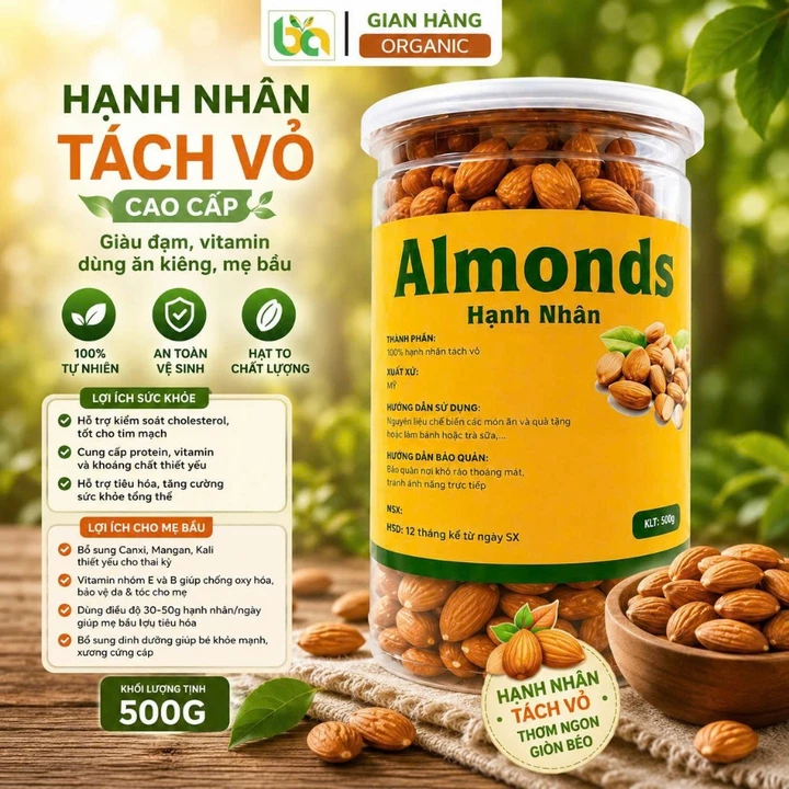 Hạnh Nhân Mỹ Tách Vỏ Bảo An 250g 500g | Hạt Hạnh Nhân Nhập Khẩu Mỹ Rang Chín Giòn Bùi Ăn Kiêng Healthy