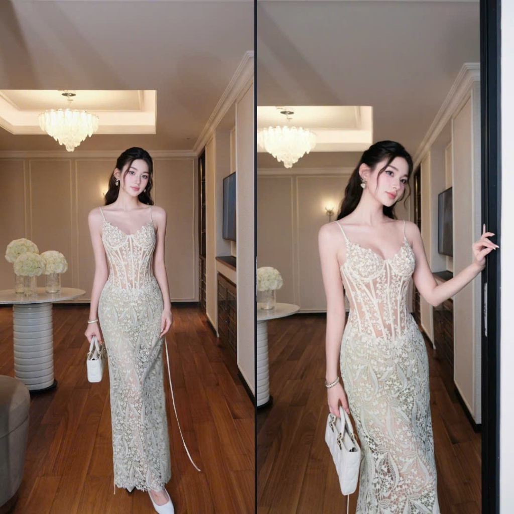 Đầm Ren Xanh Hoa Nhí Hai Dây Ôm Body Tôn Dáng Dự Tiềc