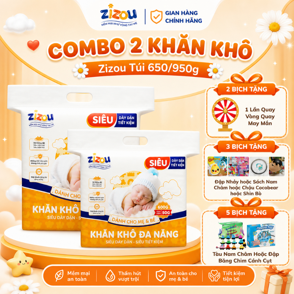 Combo 2 Gói Khăn Khô Đa Năng Zizou 950G Và 650G Bề Mặt Chấm Bi Dùng Thay Khăn Sữa Cho Mẹ Và Bé