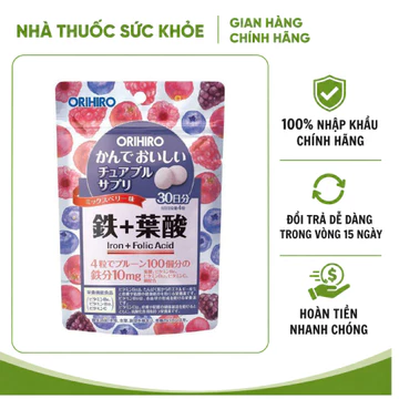 (Nhập chính hãng - Đủ VAT) Viên ngậm bổ sung sắt Orihiro Iron + Folic Acid cho bà bầu và trẻ em - Túi 120 viên
