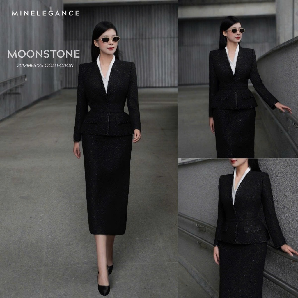 MINELEGÁNCE - SET ÁO VEST CỔ TIM ĐÍNH ĐÁ KÈM ĐAI ÁO THANH LỊCH, SANG TRỌNG - MIN357