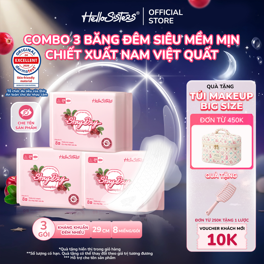 Combo 3 Gói Băng Vệ Sinh Đêm HelloSisters Cranberry Care 29cm Nam Việt Quất Kháng Khuẩn, Mỏng Nhẹ, Siêu Thấm Chống Tràn