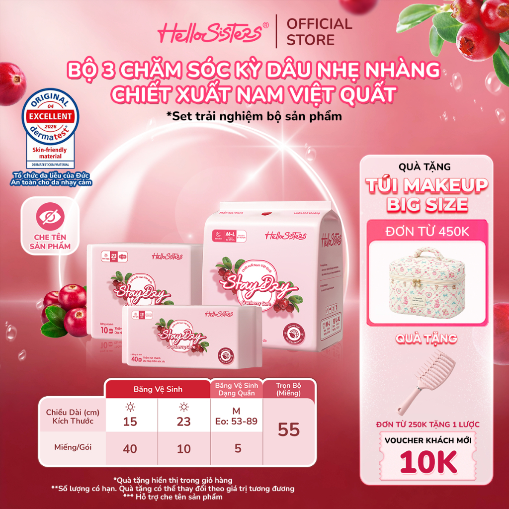 Bộ 3 Gói Băng Vệ Sinh Băng Quần HelloSisters Cranberry Care Nam Việt Quất Kháng Khuẩn, Mỏng Nhẹ, Siêu Thấm Chống Tràn