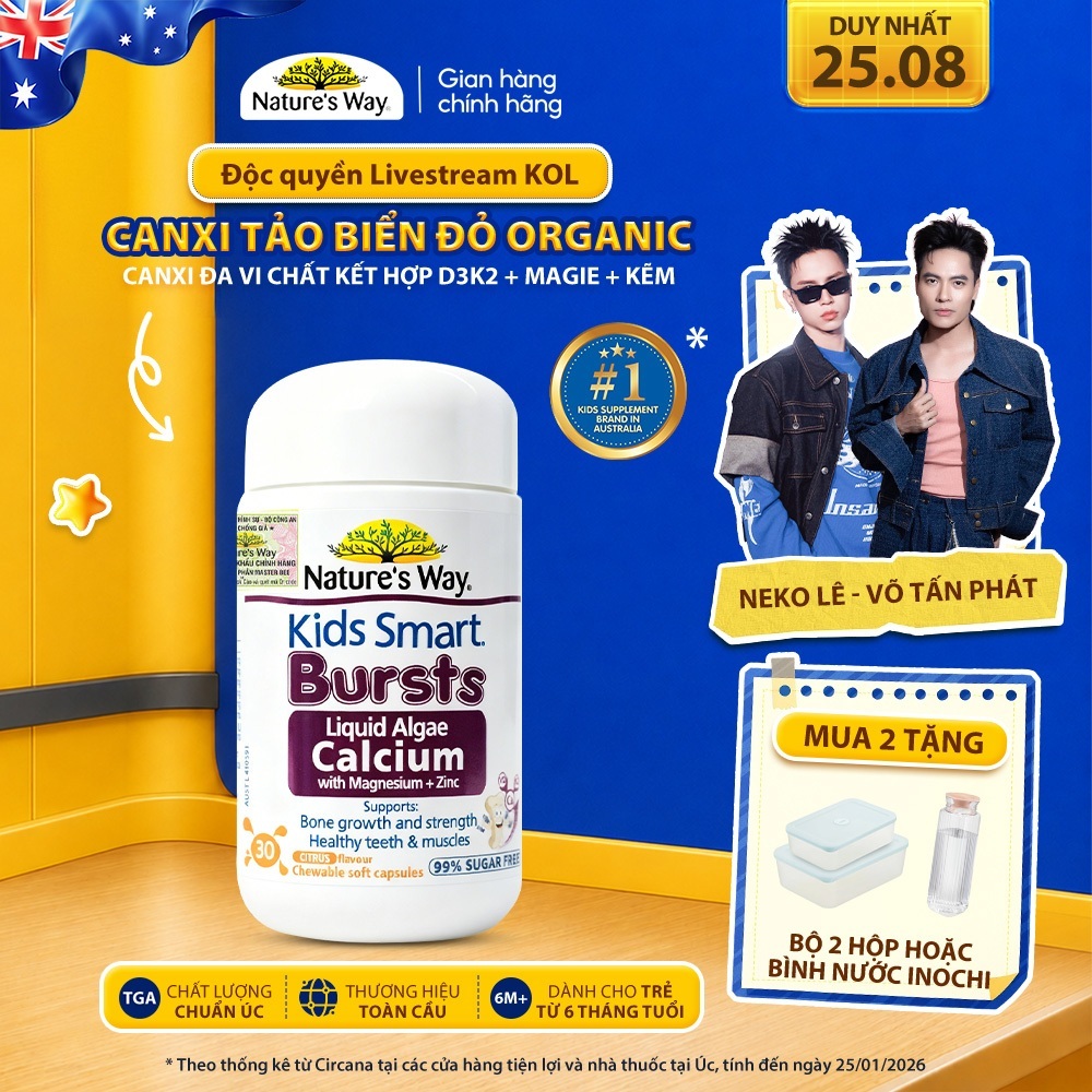 Viên Nhai Canxi Nature's Way Canxi Tảo Biển Đỏ Organic, Canxi đa vi chất Aquamin F Kết hợp D3K2, Magie, Kẽm Cho Bé 30v