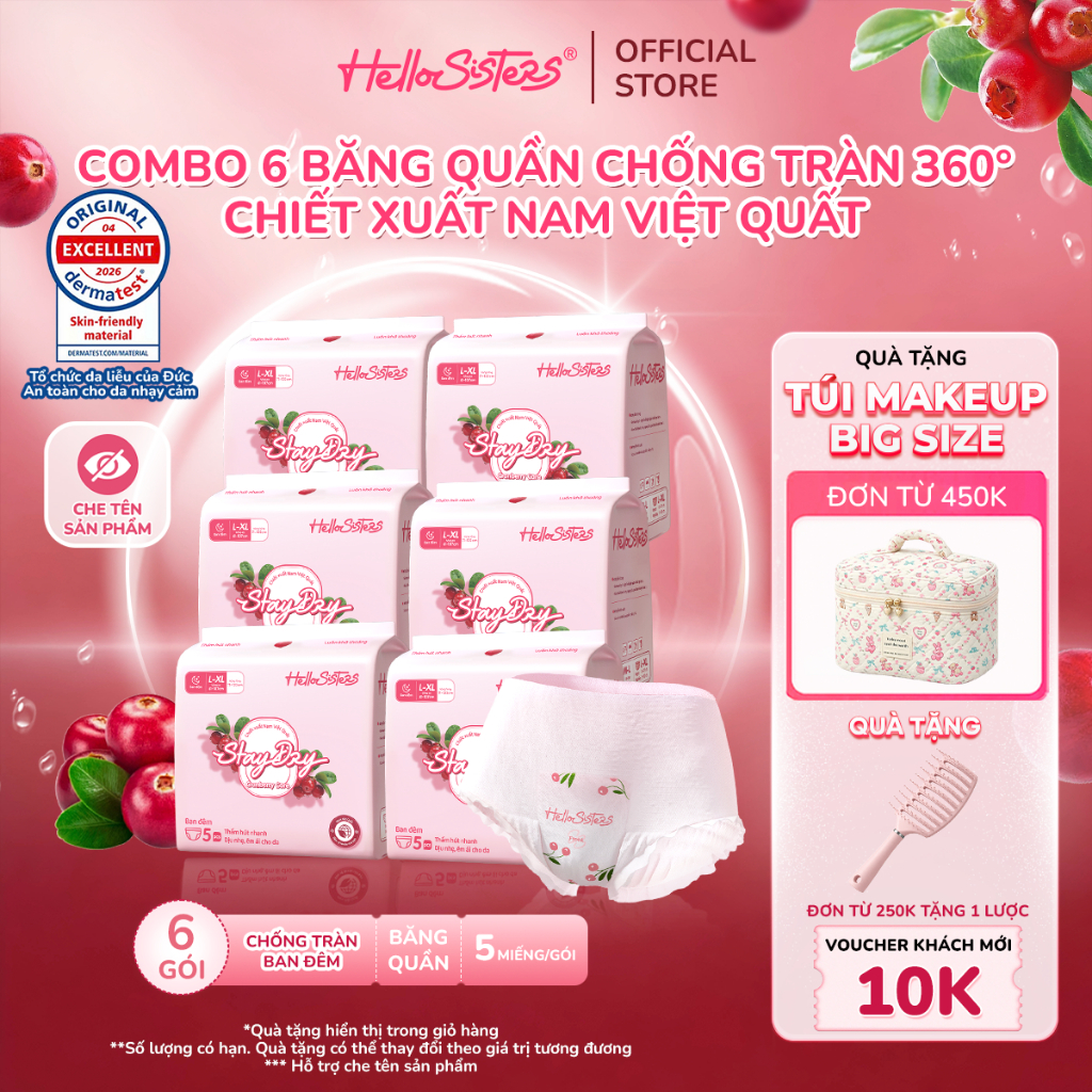 Combo 6 Gói Băng Vệ Sinh Quần HelloSisters Cranberry Care Nam Việt Quất Kháng Khuẩn, Siêu Thấm Hút, Chống Tràn 360 Độ